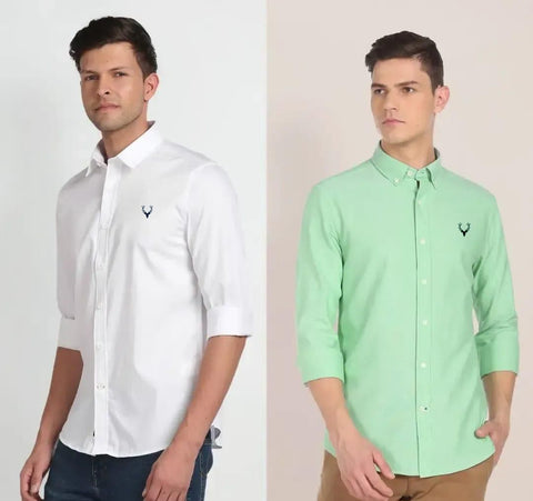 Cotton White/Green Solid Full Sleeves Slim Fit Combo Shirts