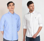 Cotton White/Sky Blue Solid Full Sleeves Slim Fit Combo Shirts