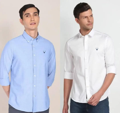 Cotton White/Sky Blue Solid Full Sleeves Slim Fit Combo Shirts
