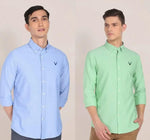 Cotton Sky Blue/Green Solid Full Sleeves Slim Fit Combo Shirts