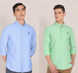 Cotton Sky Blue/Green Solid Full Sleeves Slim Fit Combo Shirts