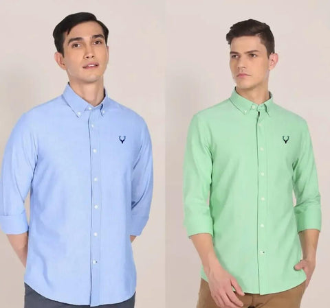 Cotton Sky Blue/Green Solid Full Sleeves Slim Fit Combo Shirts